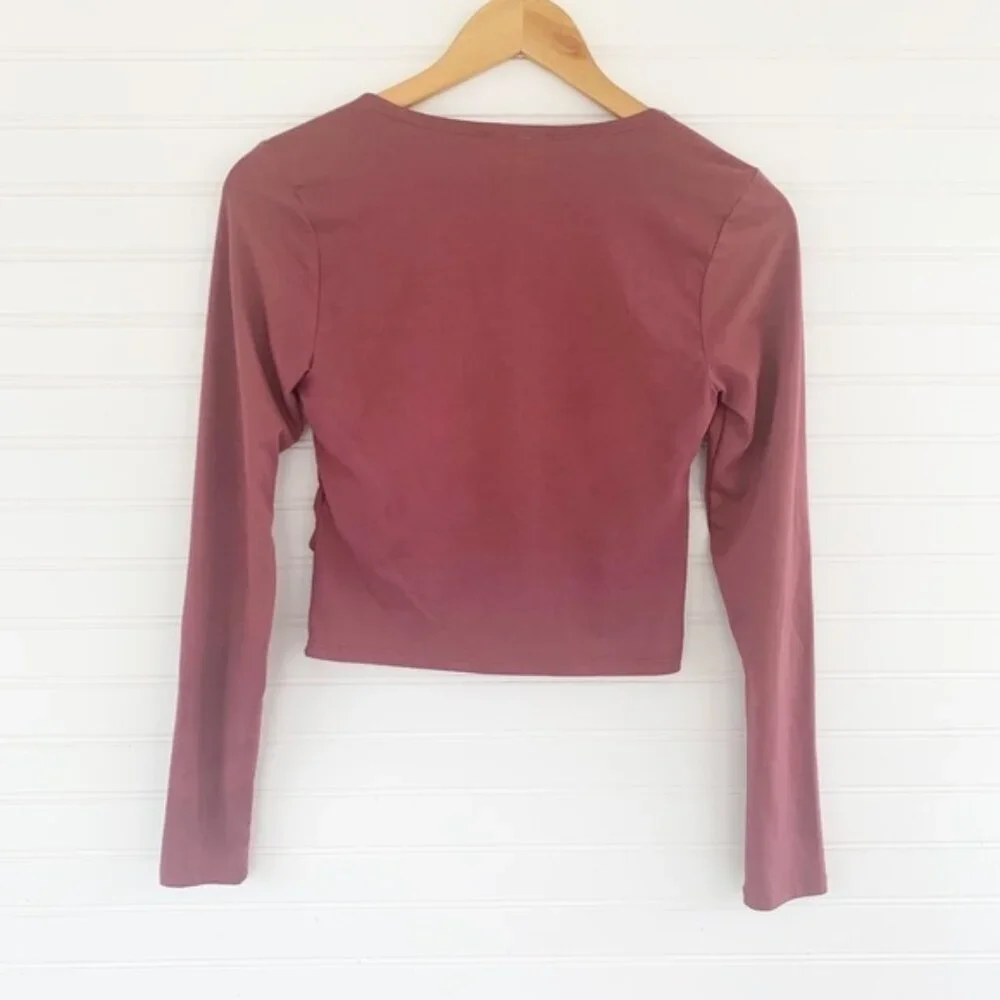 Bar III Ruched V-Neck Long Sleeve Top XS Mauve Plum Fitted Stretch Blouse - Picture 3 of 6